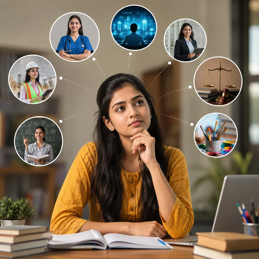Woman at a desk with notebook and laptop, contemplating future careers; connected bubbles show healthcare, tech, law, education, art, and more.