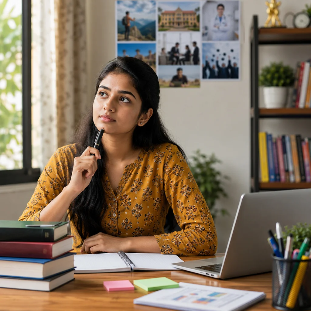 Woman thinking at a study desk with a laptop, stacked books, and colorful sticky notes in a bright home office.