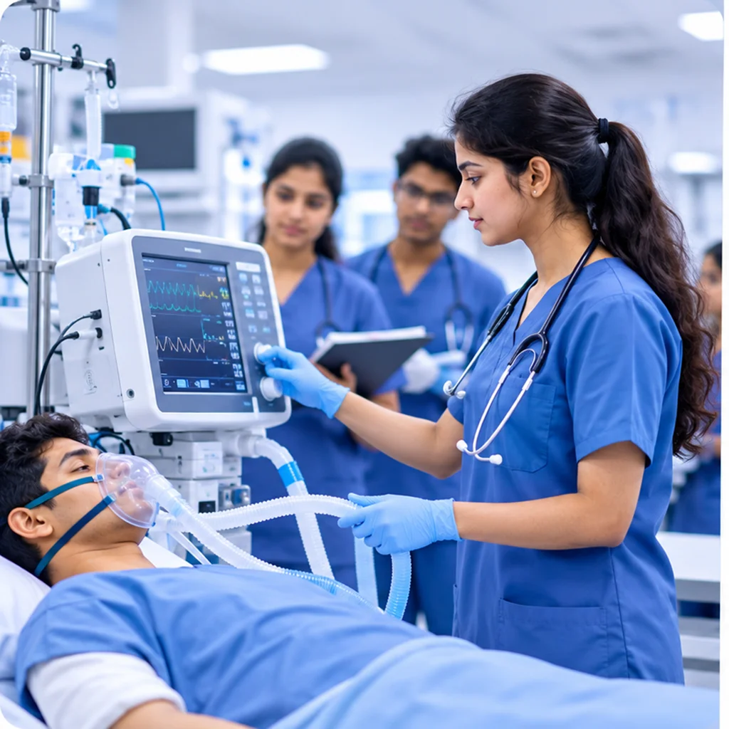 Nurse in blue scrubs adjusts a ventilator for a patient lying in bed, with vital-sign monitors in view in the ICU.